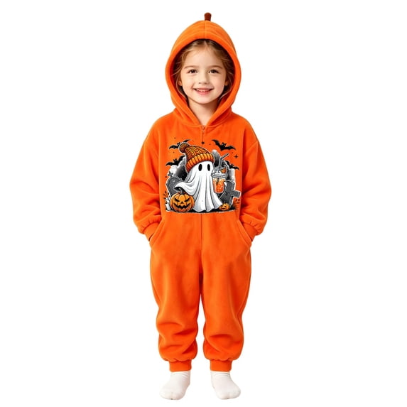 Grblisyd Kids Soft Flannel Onesie Sleepwear Hooded Full Body Halloween Sleep Jumpsuit Cute Ghost Print Loungewear for Boys Girls