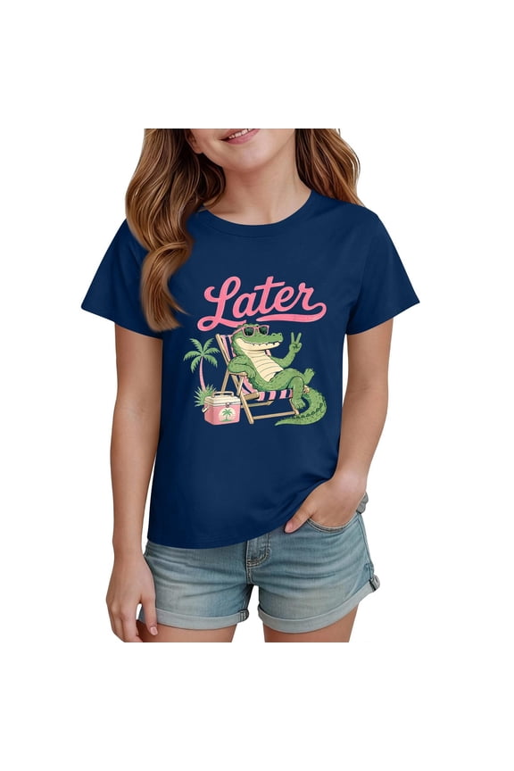 Last Day of School Girls Shirts for Girls 10-12 Years Kids Csaual Summer Cute Alligator Print Tops Loose Crewneck Short Sleeve Tees