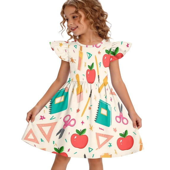 Grblisyd Little Girls Back to School Dress Casual Flutter Sleeve Swing Midi Kids Summer Sundress School Outfit 3-8 Years