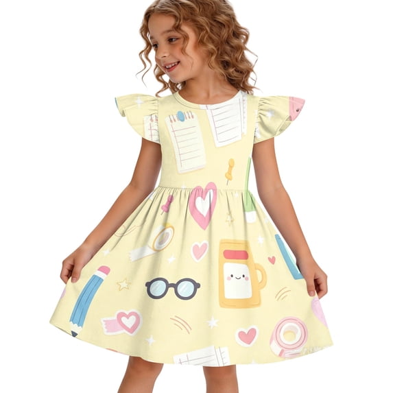 Grblisyd Little Girls Back to School Dress Cute Print Flutter Dresses Cartoon Pencil School Print Dresses First Day Of School Outfits For Girls