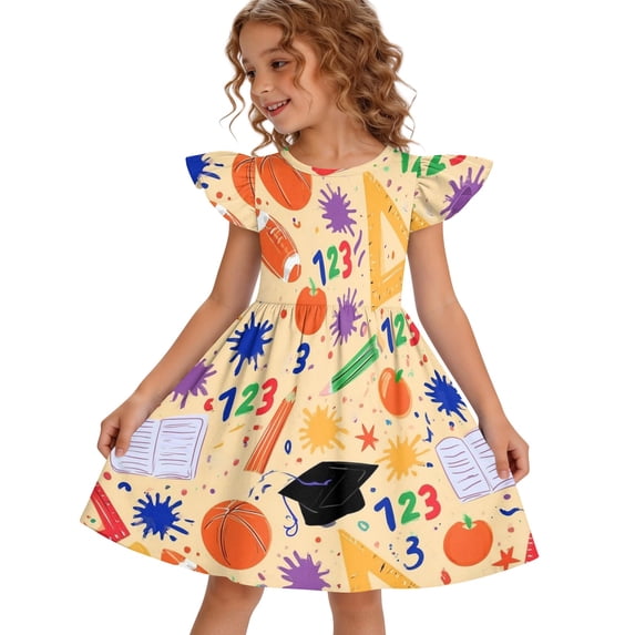 Grblisyd Little Girls Back to School Dress Cute Print Flutter Dresses Cartoon Pencil School Print Dresses First Day Of School Outfits For Girls