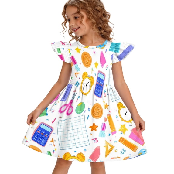 Grblisyd Little Girls Back to School Dress Cute Print Flutter Dresses Cartoon Pencil School Print Dresses First Day Of School Outfits For Girls