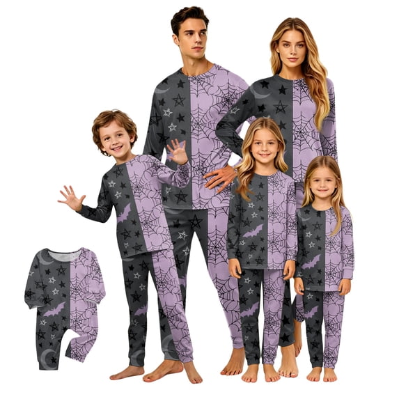Grblisyd Matching Family Halloween Pajamas Set Cute Funny Spider Web Bat Print 2-Piece Color Block PJS for Adults & Kids Holiday Family Long Sleeve Loungewear Set