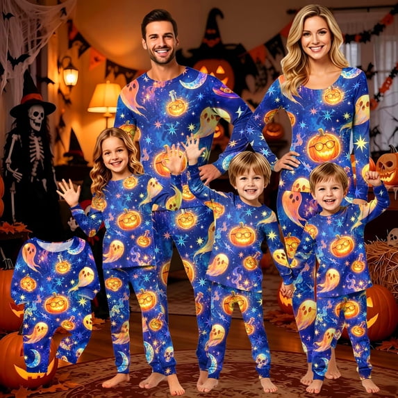 Grblisyd Matching Family Halloween Pajamas Set Cute Pumpkin Print 2-Piece Loungewear for Adults and Kids Holiday Family Pajamas