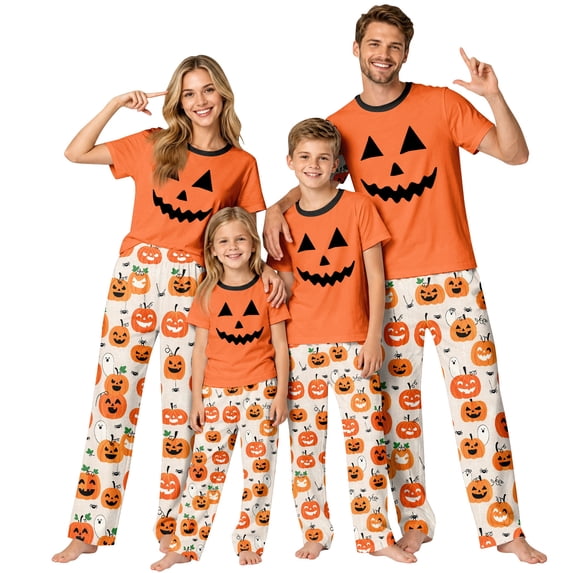 Grblisyd Matching Family Halloween Pajamas Set Cute Pumpkin Print 2-Piece PJS for Adults & Kids Holiday Family Pajamas