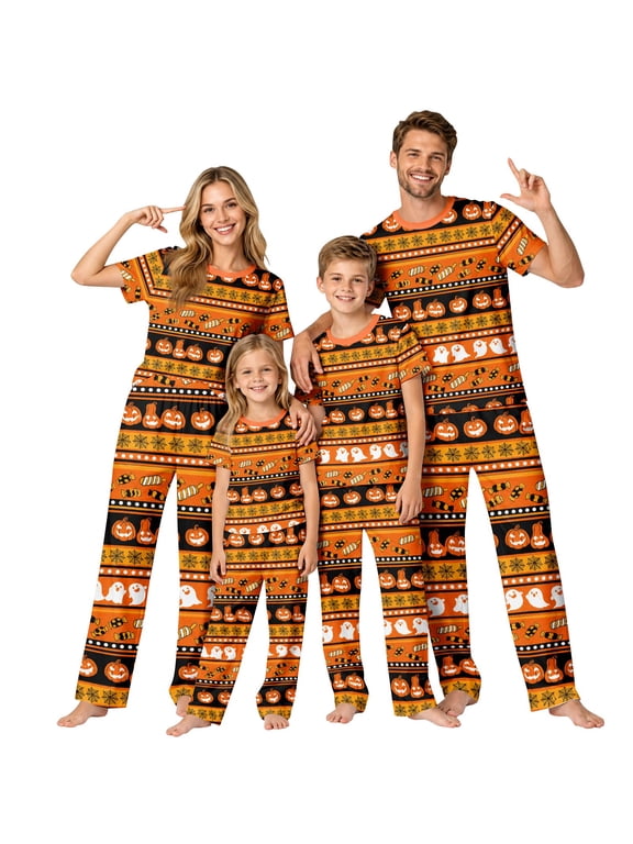Matching Family Halloween Pajamas Set Cute Pumpkin Print Short Sleeve Top and Pants 2-Piece PJS for Adults and Kids Holiday Family Pajamas