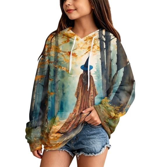 Grblisyd Midsummer Witches Gather Hoodie for Girls Halloween Witch Party Sweatshirt Fall Long Sleeve Flowers Printed Pullover Tops