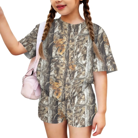 Grblisyd Outfit for Girls Camo Maple Leaf Print Two Piece Short Sleeve Round Neck Top Elastic Waist Shorts Set Casual Clothing Sets