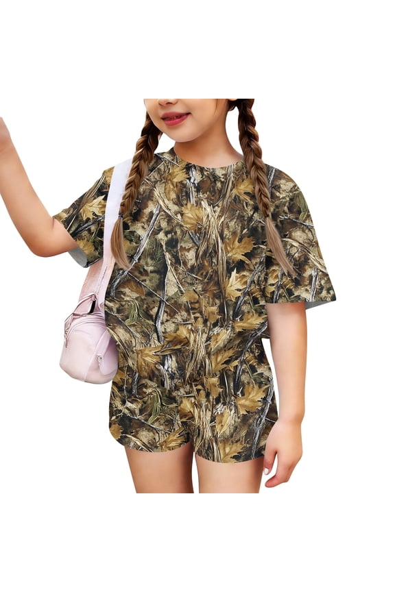 Outfit for Girls Camo Maple Leaf Print Two Piece Short Sleeve Round Neck Top Elastic Waist Shorts Set Casual Clothing Sets