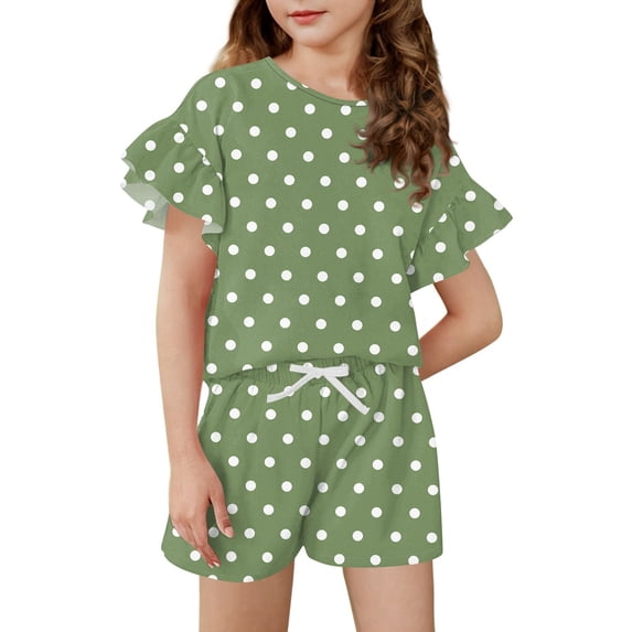Grblisyd Outfit for Girls Two Piece Fashion Polka Dots Ruffle Short Sleeve Top Drawstring Elastic Waist Shorts Set Casual Clothing Sets
