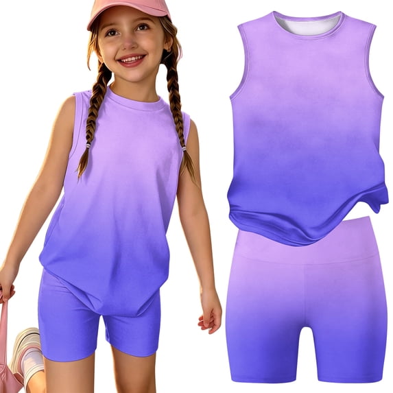 Grblisyd Outfits for Girls 10-12 Summer Gradient Print Tank Top and Biker Shorts 2 Piece Outfit Kids Cute Clothing Sets