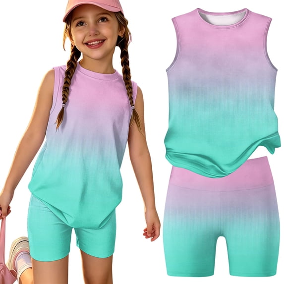 Grblisyd Outfits for Girls 10-12 Summer Gradient Print Tank Top and Biker Shorts 2 Piece Outfit Kids Cute Clothing Sets