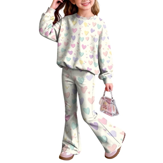 Grblisyd Outfits for Girls Casual Long Sleeve Cute Cartoon Print Sweatershirt and Flared Pants 2 Pieces Fall Winter Set Size 7-8 Years