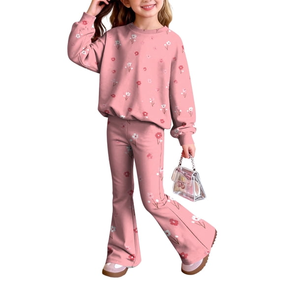 Grblisyd Outfits for Girls Casual Long Sleeve Cute Cartoon Print Sweatershirt and Flared Pants 2 Pieces Fall Winter Set Size 7-8 Years