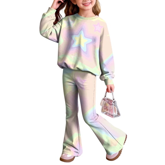 Grblisyd Outfits for Girls Casual Long Sleeve Cute Cartoon Print Sweatershirt and Flared Pants 2 Pieces Fall Winter Set Size 7-8 Years