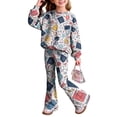 thumbnail image 1 of Grblisyd Outfits for Girls Crew Neck Long Sleeve Cute Stationery Print Sweatshirt and Flare Pants Set Kids 2 Piece Back to School Outfits, 1 of 7