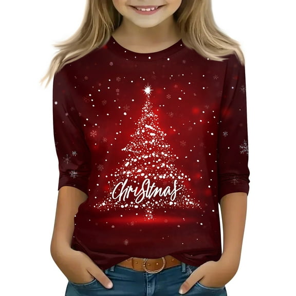 Grblisyd Pink Graphic Shirts for Girls Girls Tops Kids 10-12 3/4 Sleeve Xmas Tree Snowflake Print Cute Cute Tops T Shirts Pink Shirts Wine 160