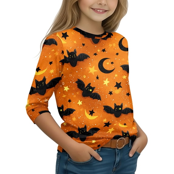 Grblisyd Pumpkin Halloween Shirts for Girls Boys Funny Ghost Graphic Crewneck 3/4 Sleeve Tees Kids Cute Holiday Party Clothes