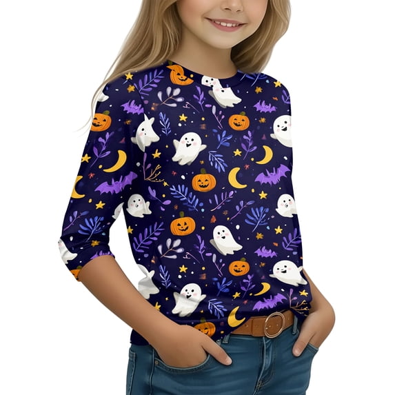 Grblisyd Pumpkin Halloween Shirts for Girls Boys Funny Ghost Graphic Crewneck 3/4 Sleeve Tees Kids Cute Holiday Party Clothes