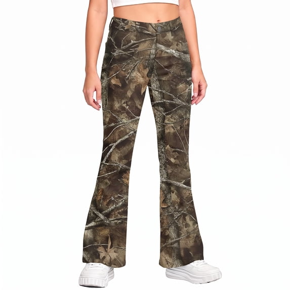 Grblisyd School Uniform Pants for Girls Flare High Elastic Waist Dress Trousers Back to School Clothes Teens Camo Maple Leaf Print Stretchy Button Pant