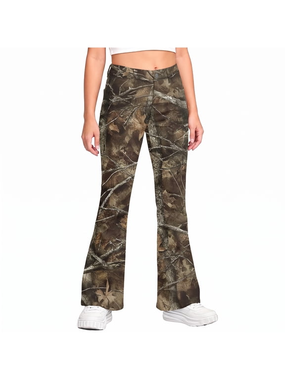 School Uniform Pants for Girls Flare High Elastic Waist Dress Trousers Back to School Clothes Teens Camo Maple Leaf Print Stretchy Button Pant