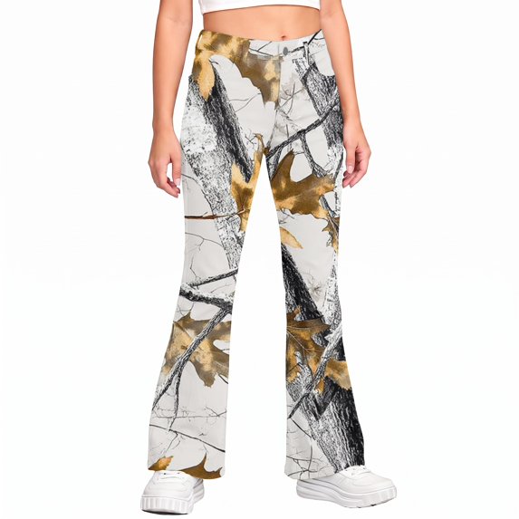 Grblisyd School Uniform Pants for Girls Flare High Elastic Waist Dress Trousers Back to School Clothes Teens Camo Maple Leaf Print Stretchy Button Pant