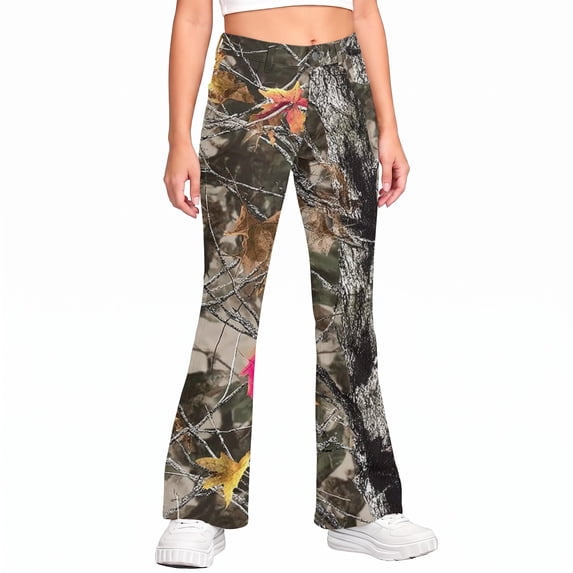 Grblisyd School Uniform Pants for Girls Flare High Elastic Waist Dress Trousers Back to School Clothes Teens Camo Maple Leaf Print Stretchy Button Pant