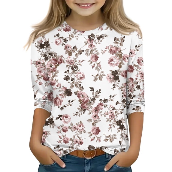 Grblisyd Shirt for Teen Girls 3/4 Length Sleeve Round Neck Shirts Graphic Blouses Fall Winter Pullover Cute Tops