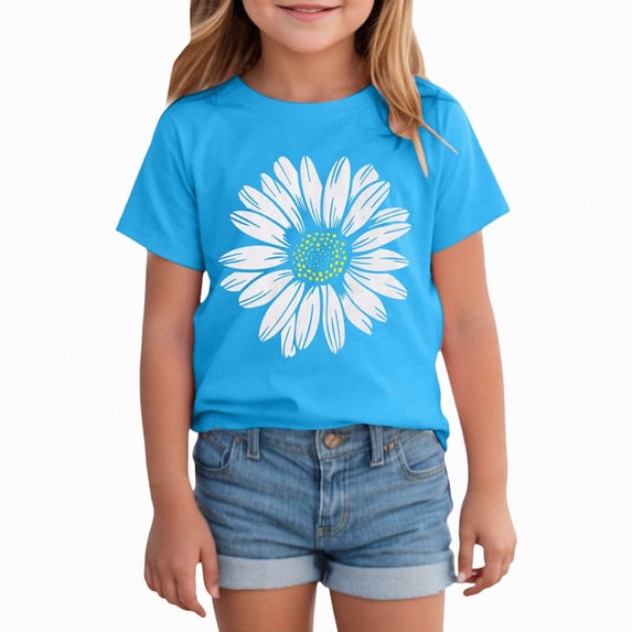 Grblisyd Shirts for Girls Cute Floral Print Short Sleeve T Shirts Kids Summer Tops Crewneck Tees 5-12 Years