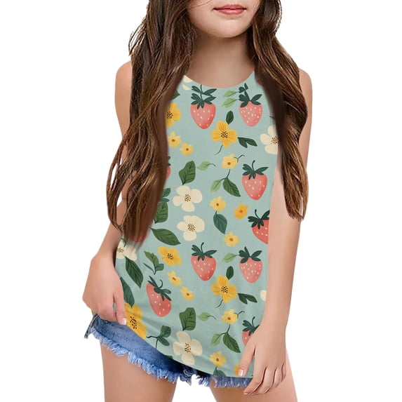 Grblisyd Tank Tops for Girls Soft Floral Print Round Neck Sleeveless Shirt for Kids10-12 Years