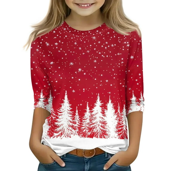 Grblisyd Christmas Shirts Kids 3/4 Sleeve Xmas Tree Snowflake Print Cute Blouse T Shirts Preppy Clothes Kids 10-12 Years Shirts for Teen Girls Vermilion 150