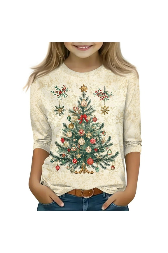 Christmas Shirts Kids 3/4 Sleeve Xmas Tree Snowflake Print Cute Cute Tops T Shirts Trendy Girls Tops Kids 10-12 Years Beige 160