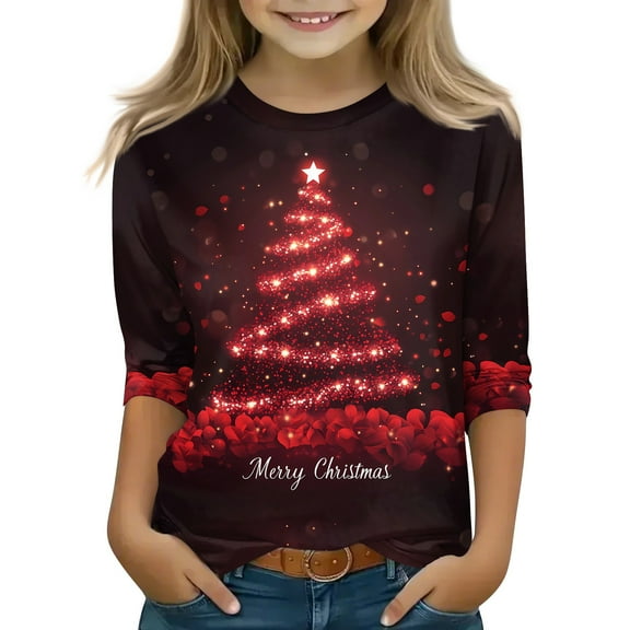 Grblisyd Christmas Shirts Kids Back to School Clothes for Teen Girls 10-12 Years 3/4 Sleeve Glitter Xmas Tree Printed Cute Graphic Shirts T Shirts Preppy Clothes Wine 120