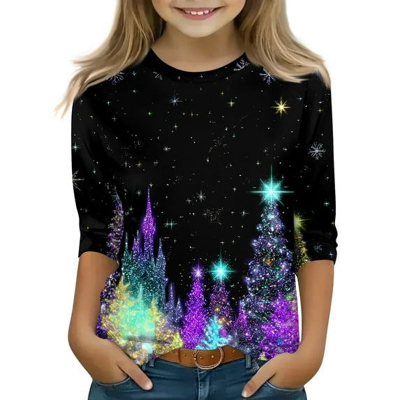 Grblisyd Christmas Shirts Kids Back to School Clothes for Teen Girls 10-12 Years 3/4 Sleeve Shiny Snowflake Print Cute Graphic Shirts T Shirts Trendy Kids Clothes Black 150