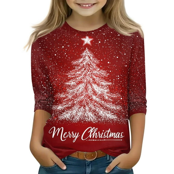 Grblisyd Christmas Tops for Kids 10-12 Years 3/4 Sleeve Shiny Xmas Tree Print Casual Graphic Shirts Cute Tops for Teen Girls T Shirts Cute Kids Clothes White 120