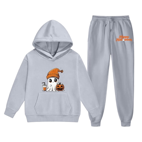 Grblisyd Unisex Kids Halloween Cute Pumpkin Ghost Print Sweatsuit Set 2 Piece Hooded Outfit with Pockets