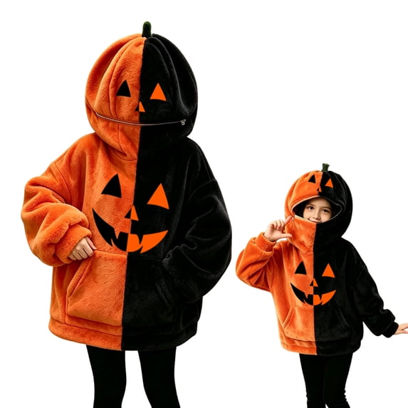 Grblisyd Unisex Kids Halloween Pumpkin Fleece Hoodie Jack O Lantern Sweatshirt with Pocket