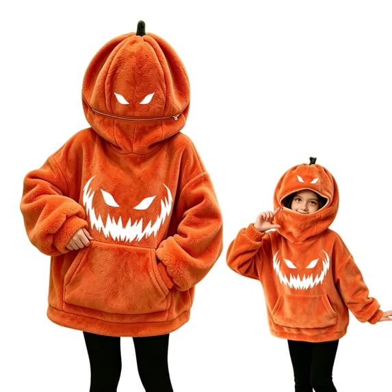 Grblisyd Unisex Kids Halloween Pumpkin Fleece Hoodie Jack O Lantern Sweatshirt with Pocket