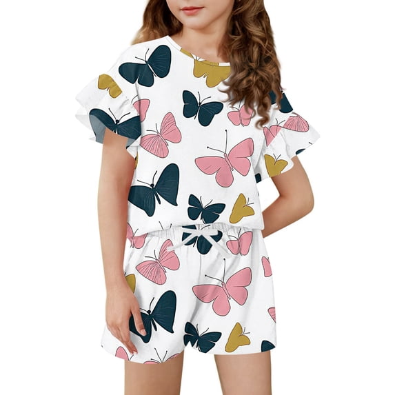 GrblisydGirls Summer Outfits Casual Butterfly Prints Ruffle Sleeve T Shirt and Drawstring Elastic Waist Shorts 2 Piece Clothing Sets