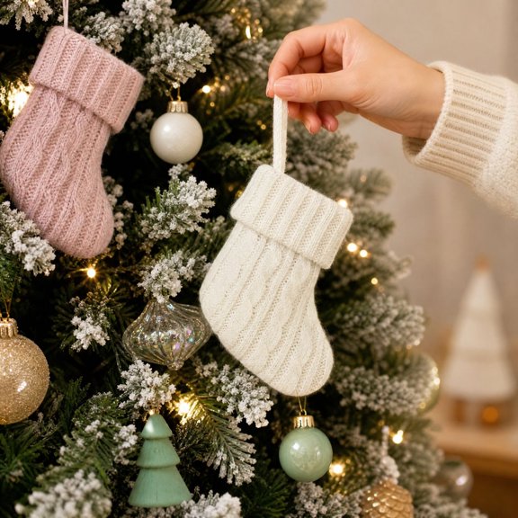 Grbtsrd White Macaron Color Holiday Stocking Gift Bag, 6.29inch Knitted Christmas Stockings Christmas Tree Ornament, Mantel Hanging Decor, Great for Christmas Dinner for Holiday Home Decor