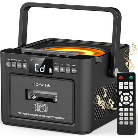 Greadio Bluetooth CD Cassette Boombox Player, Portable Rechargeable CD Player with Type-C Charging Cord & Remote, Black