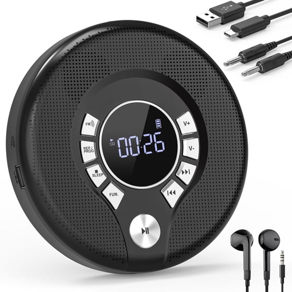 Greadio Portable CD Player, Walkman CD Player for Car, Rechargeable CD Player with USB Playback, A-B Repeat CD Player for Kids