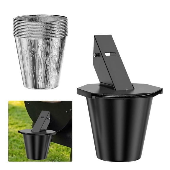 Grease Catcher Bucket for Smoker Grill, 1 Set with Lid and 12 Aluminum Liners, Fits Standard Grease Spouts, Hanging Drip Bucket, Black Iron