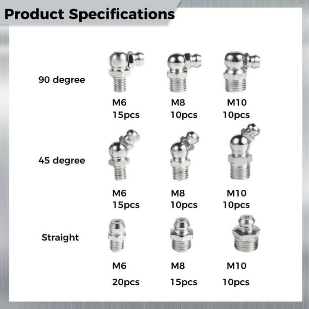 Grease Fitting Kit Metal 115PCS M6 M8 M10 Straight 45 90 Degree Zerk