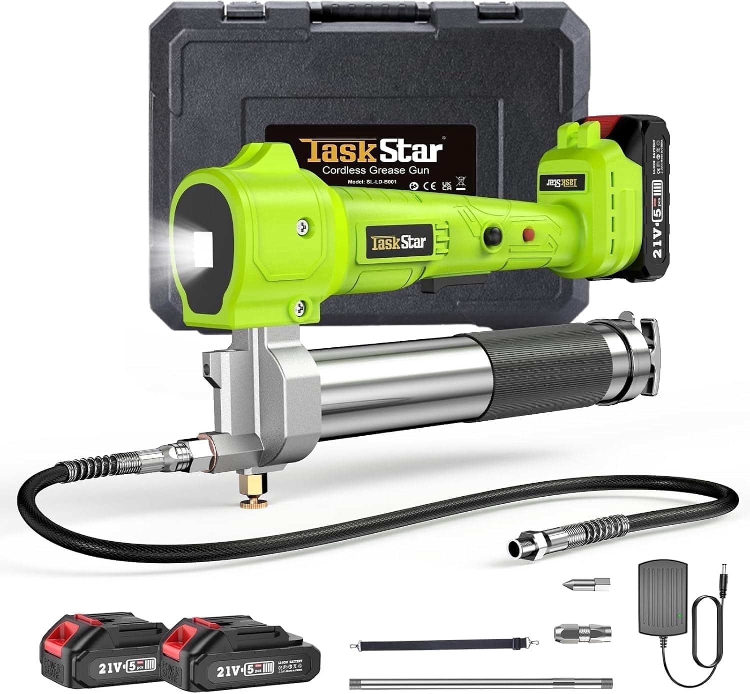 TaskStar Cordless Electric Grease Gun Kit, 10000 PSI High Pressure, 2 Batteries & Charger, 39.4 Inch Flexible Hose, Built-in Super Bright LED Work Light