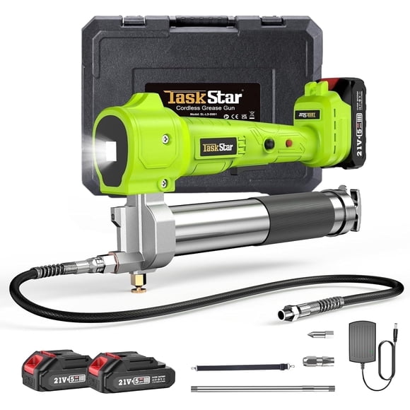 TaskStar Cordless Electric Grease Gun Kit, 10000 PSI High Pressure, 2 Batteries & Charger, 39.4 Inch Flexible Hose, Built-in Super Bright LED Work Light