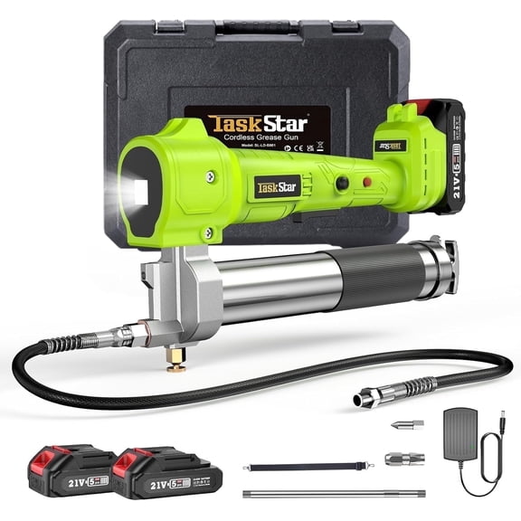 TaskStar Cordless Electric Grease Gun Kit, 10000 PSI High Pressure, 2 Batteries & Charger, 39.4 Inch Flexible Hose, Built-in Super Bright LED Work Light