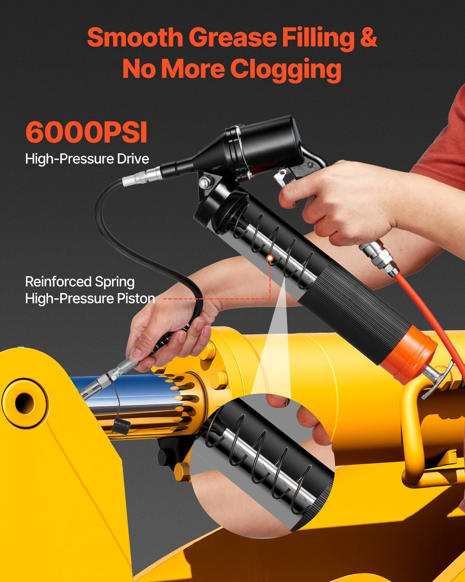 Grease Gun,Continuous Cycle Heavy Duty 6000 PSI High Pressure,Pistol Grip Grease Gun Kit with 14 oz Capacity,Includes 18-"Flex Hose,1 Extension Rigid Pipe,2 Flat Nozzles for Automotive