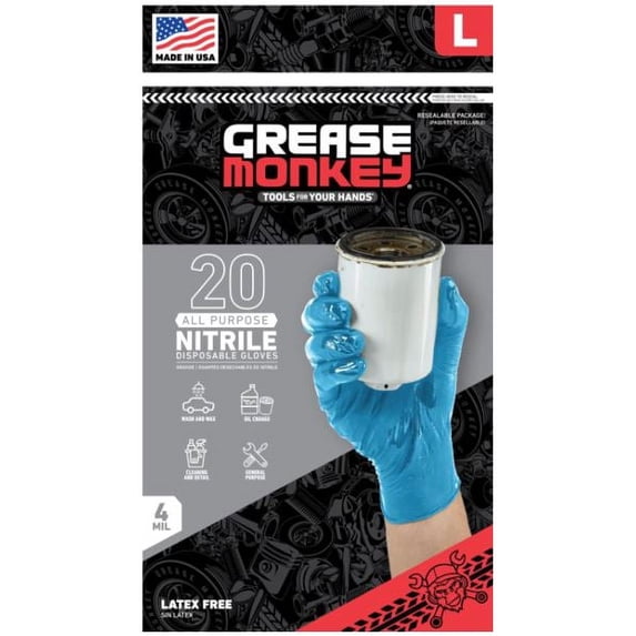 Grease Monkey Disposable Gloves, Nitrile Gloves, All Purpose, Latex Free, Blue, Large, 20 Count