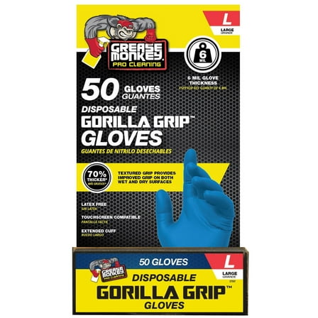 Grease Monkey Pro Cleaning, Disposable Nitrile Gloves, Blue, 50 Count Traction Grip, Male, Large